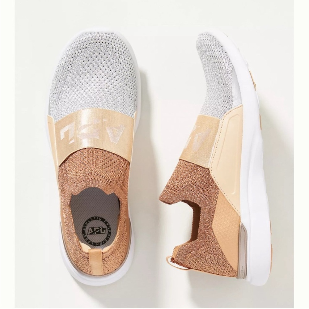 APL Techloom Bliss Knit Slip-On Running Sneakers Rose Gold Champagne Silver 8.5